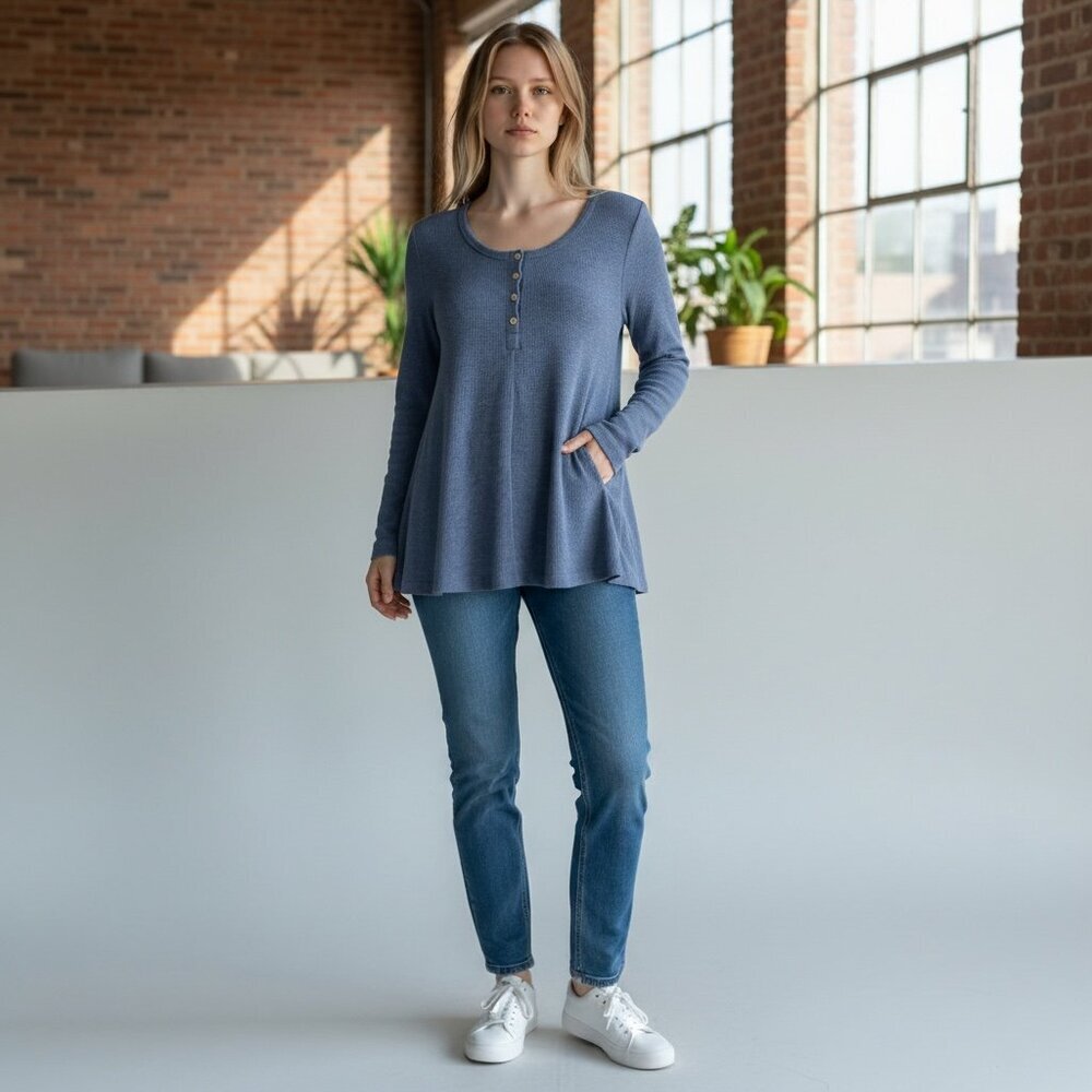 NWT She + Sky Women's Thermal Waffle Knit Relaxed Henley Tunic Top M Blue #216B
